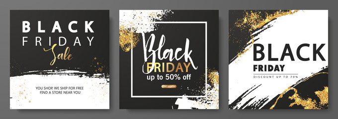Black friday set of promotional cards with brush strokes and gold sparkles.Banners for commercial events, discounts, black friday shopping, promotional material, sale, product promotion. Vector