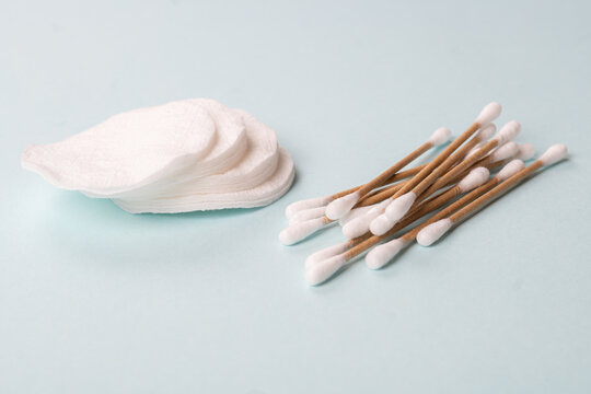 Flat lay of cotton buds from cotton and cane, eco friendly concept of zero waste hygiene products