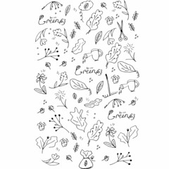 set of cute hand-drawn garden and gardening elements, greenery, flowers, leaves in the style of doodles for conceptual design. vector illustration isolated on a white background.