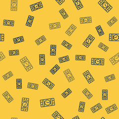 Blue line Detonate dynamite bomb stick and timer clock icon isolated seamless pattern on yellow background. Time bomb - explosion danger concept. Vector