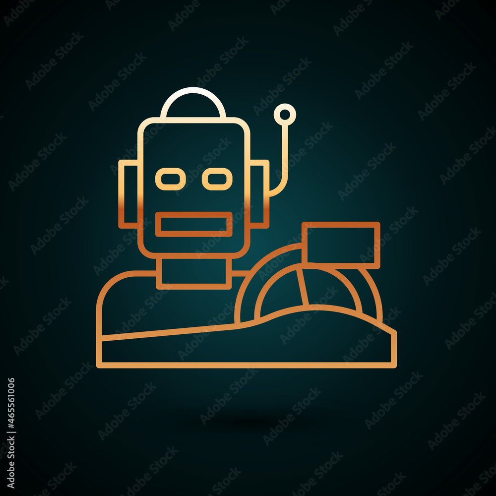 Poster gold line robot humanoid driving a car icon isolated on dark blue background. artificial intelligenc
