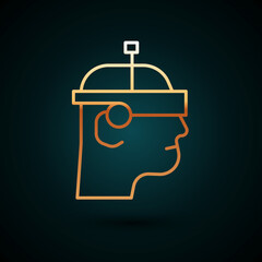 Gold line Smart glasses mounted on spectacles icon isolated on dark blue background. Wearable electronics smart glasses with camera and display. Vector