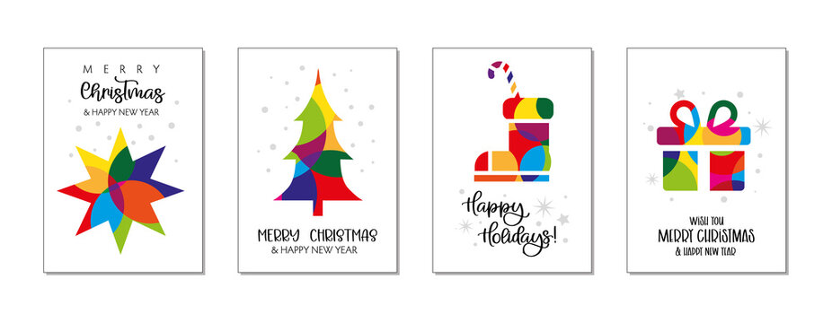 Set of colorful Christmas and happy new year greeting cards. Four Vector Illustrations postcards with lettering calligraphy decorative ornament elements
