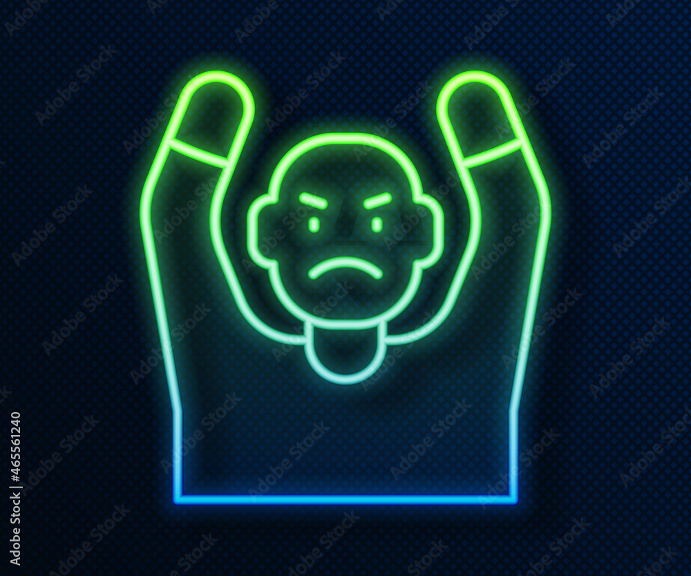 Poster glowing neon line thief surrendering hands up icon isolated on blue background. man surrendering wit
