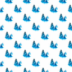 XMAS watercolor Pine Tree Seamless Pattern in Blue Color. Hand Painted fir tree background or wallpaper for Ornament, Wrapping or Christmas Gift