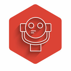 White line Tourist binoculars icon isolated with long shadow background. Binoculars telescope on the observation deck for tourists. Red hexagon button. Vector