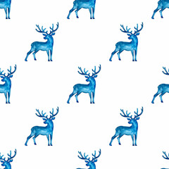 Reindeer XMAS watercolor Deer Stag eamless Pattern in Blue Color. Hand Painted Animal Moose background or wallpaper for Ornament, Wrapping or Christmas Gift