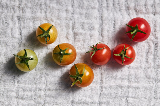Zigzag row of cherry tomatoes from unripe to ripe