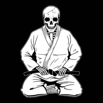 SKELETON IN KIMONO WHITE BLACK BACKGROUND