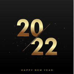 2022 Happy New Year poster with golden numbers on black background. Vector
