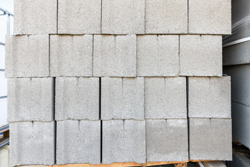 Hollow cinder block in the construction market on the street, close up