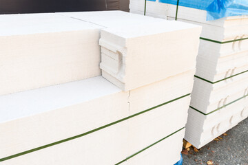 Aerated concrete blocks, gas blocks in the construction market on the street, bottom view.