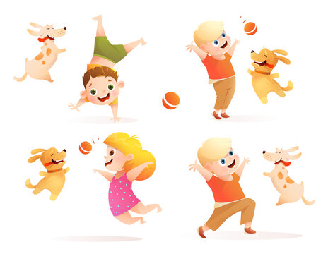 Children owners and dogs fetching ball, boy and girl dog owner training doggy, laughing and play chasing game. Kids and pets cartoon illustration set. Isolated vector clipart for children.