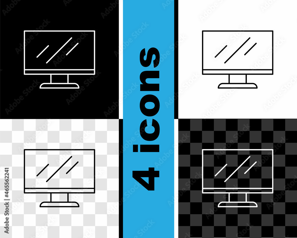 Poster set line computer monitor screen icon isolated on black and white, transparent background. electroni