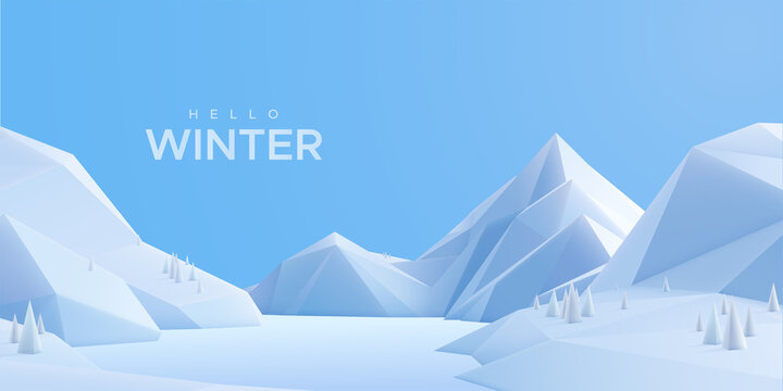 Hello Winter sign with snow mountains landscape and light blue sky. Outdoor nature background.