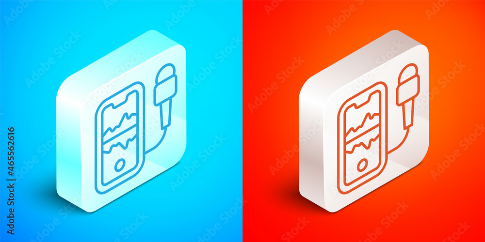 Poster Isometric line Mobile recording icon isolated on blue and red background. Mobile phone with microphone. Voice recorder app smartphone interface. Silver square button. Vector