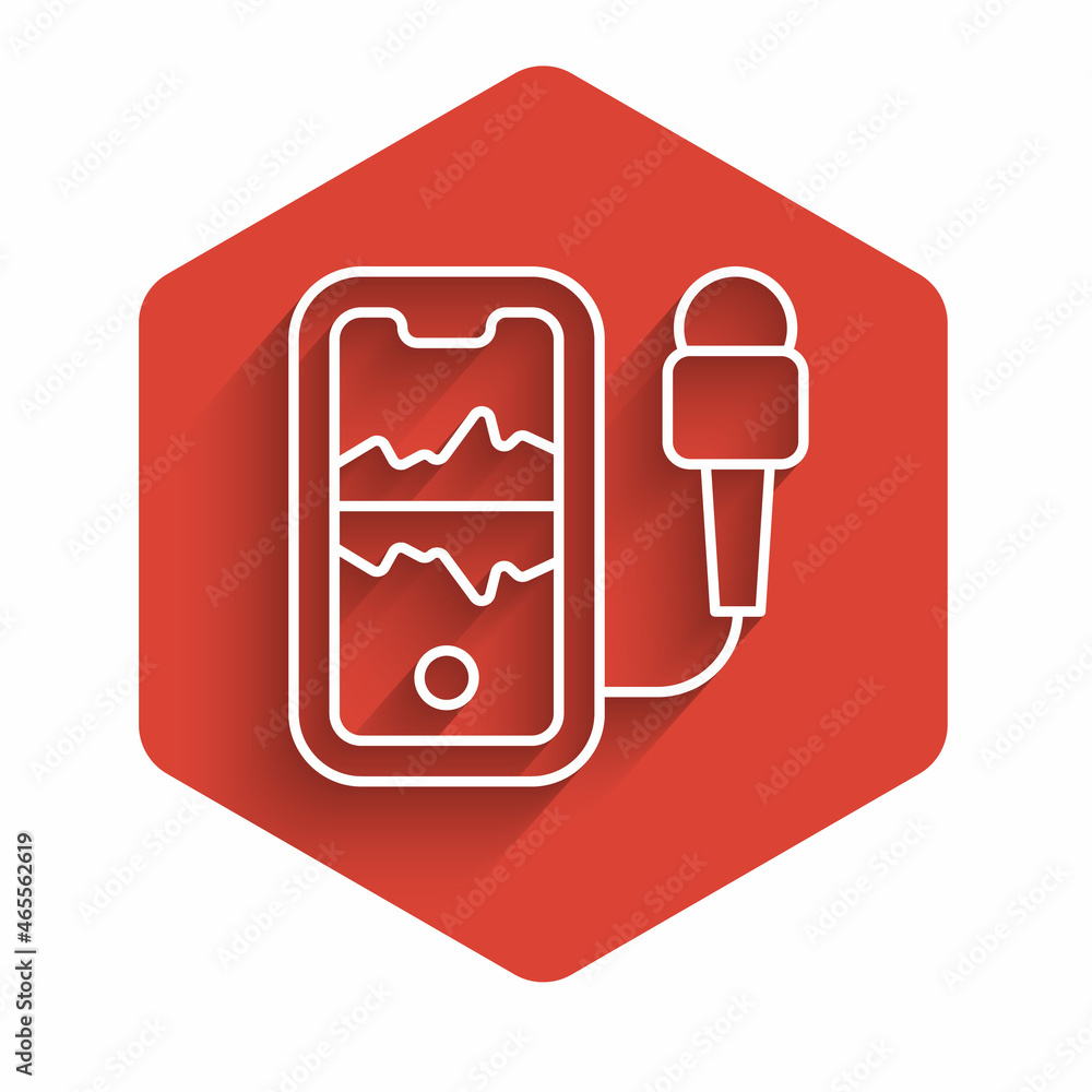 Poster White line Mobile recording icon isolated with long shadow background. Mobile phone with microphone. Voice recorder app smartphone interface. Red hexagon button. Vector