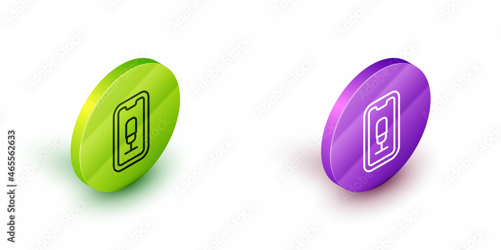 Poster Isometric line Mobile recording icon isolated on white background. Mobile phone with microphone. Voice recorder app smartphone interface. Green and purple circle buttons. Vector