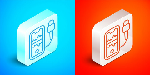 Isometric line Mobile recording icon isolated on blue and red background. Mobile phone with microphone. Voice recorder app smartphone interface. Silver square button. Vector