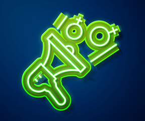 Glowing neon line Female movement, feminist activist with banner and placards icon isolated on blue background. Feminist rights movement, feminism sisterhood. Vector