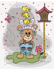 Naklejka premium Adorable illustration of funny teddy bear with birds in garden 