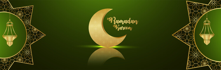 Ramadan kareem banner or header with golden moon and lantern on green background