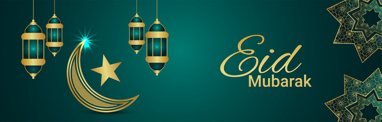 Creative golden moon eid mubarak with vector illustration on pattern background