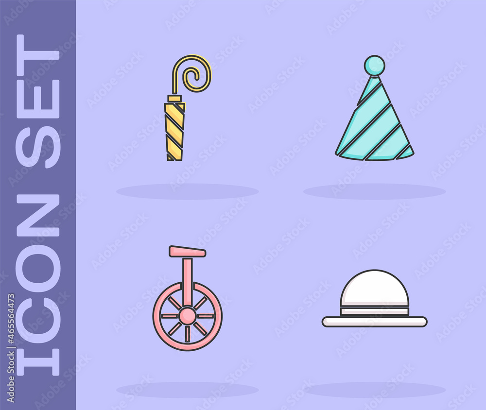 Canvas Prints set clown hat, birthday party horn, unicycle one wheel bicycle and party icon. vector