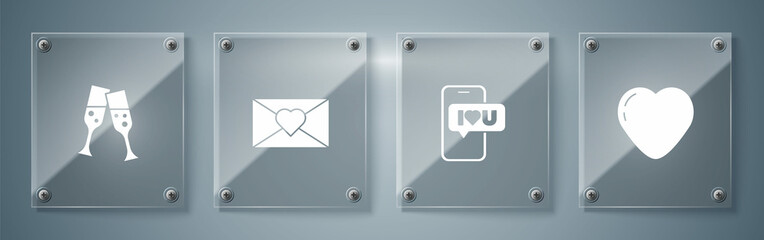 Set Heart, Mobile with heart, Envelope Valentine and Glass of champagne. Square glass panels. Vector