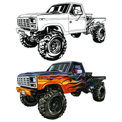 Truck car isolated on white background.Racing car. abstract silhouette. line art. Monster Truck. vector illustration. © wendy