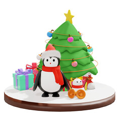 3d penguin illustration with christmas day theme and cute icon inside