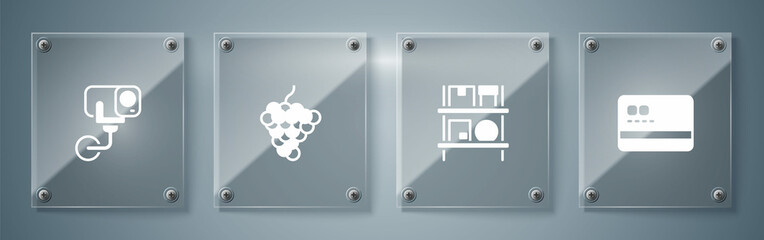 Set Credit card, Warehouse interior with boxes, Grape fruit and Security camera. Square glass panels. Vector