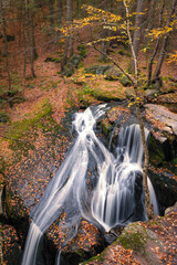 Waterfall in the middle of the forest during autumn foliage season