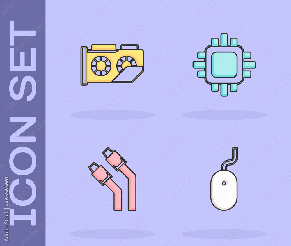 Poster set computer mouse, video graphic card, lan cable network internet and processor with cpu icon. vect