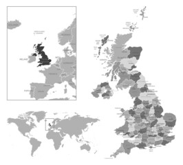 United Kingdom - highly detailed black and white map.