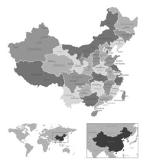 China - highly detailed black and white map.