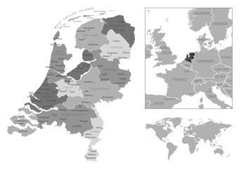 Netherlands - highly detailed black and white map.