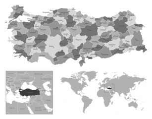 Turkey - highly detailed black and white map.