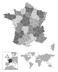France - highly detailed black and white map.