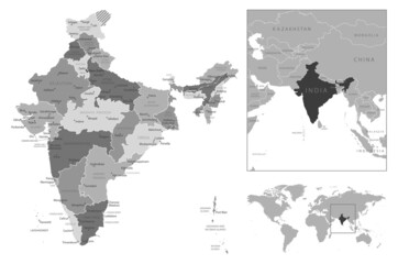 India - highly detailed black and white map.