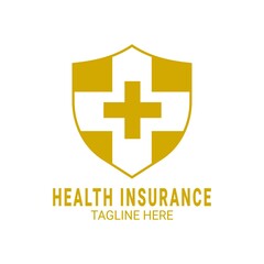 Obraz premium Vector illustration of a shield in gold color with a cross icon in the middle in a flat design style. Suitable for health insurance logos, clinic, hospital, medical devices, etc.
