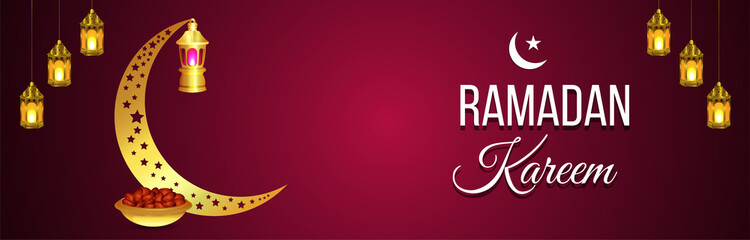 Islamic festival ramadan kareem invitation banner with golden moon and lantern