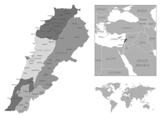 Lebanon - highly detailed black and white map.