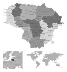 Lithuania - highly detailed black and white map.