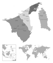 Brunei - highly detailed black and white map.