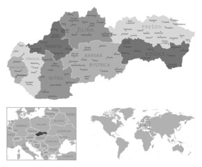 Slovakia - highly detailed black and white map.