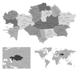 Kazakhstan - highly detailed black and white map.