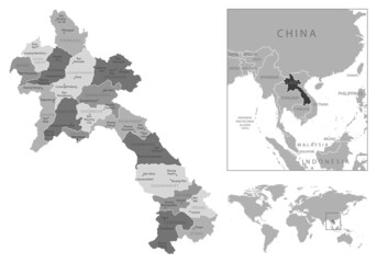 Laos - highly detailed black and white map.
