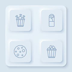 Set line Chicken leg in package box, Doner kebab, Cookie or biscuit and Popcorn. White square button. Vector