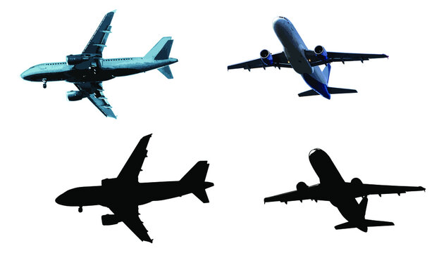 Passenger airliners from different angles and their silhouettes. Aircraft set isolated on white background. Illustration. Vector.